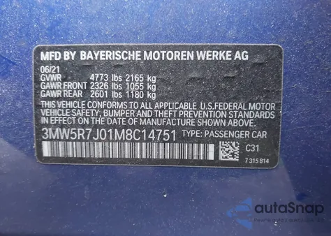 2021 BMW 330I xDrive z USA, uszkodzony, nr VIN 3MW5R7J01M8C14751